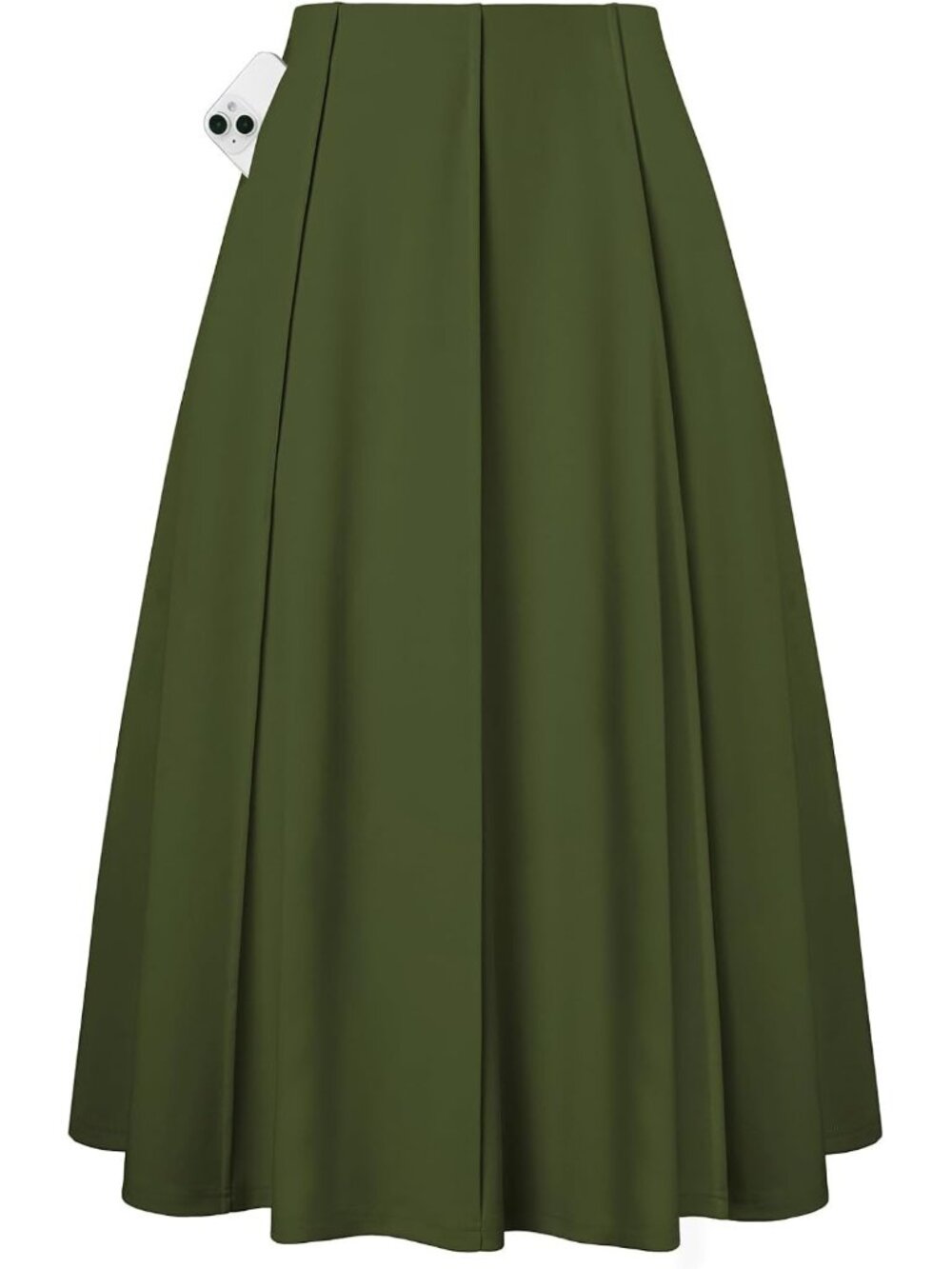 Women's Green Panel-pleated High-waisted Deep Side Pockets A Line Flowy Skirt